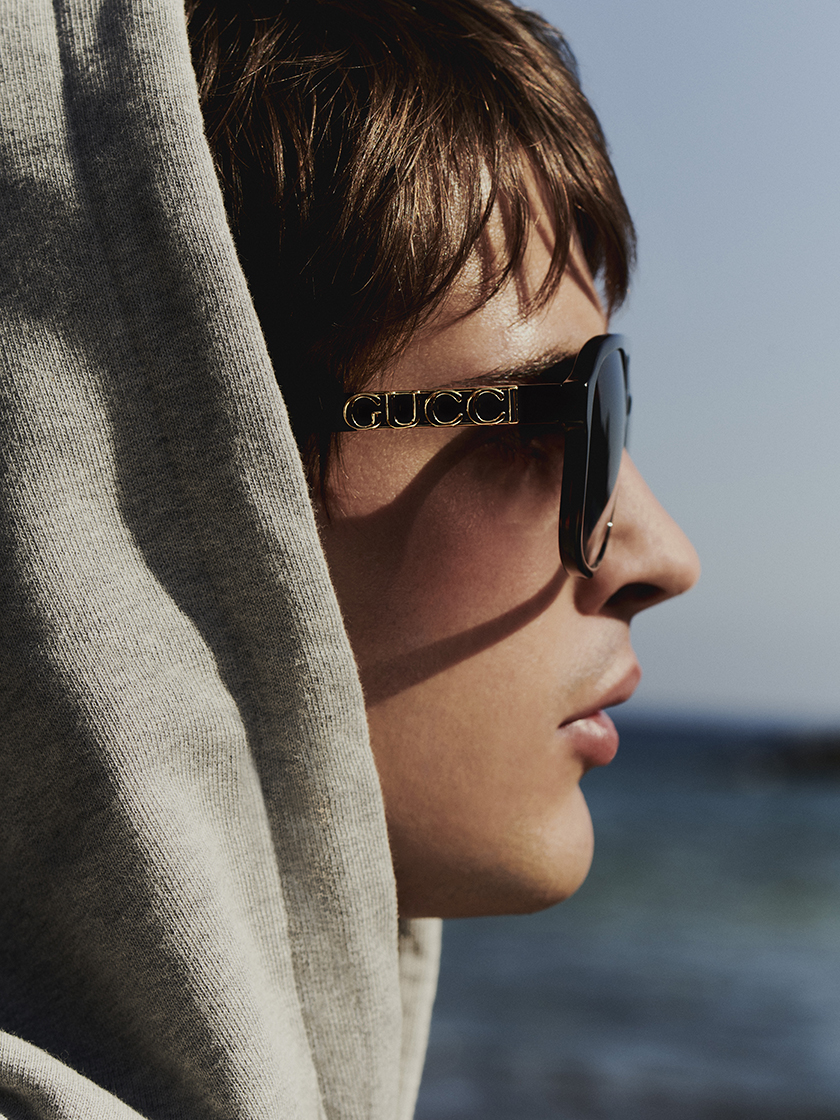 Close-up of the model with sunglasses in Tenerife for the Harvey Nichols shopping centre summer campaign