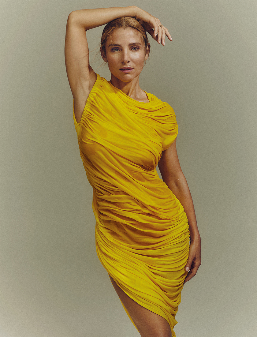 InStyle December issue cover featuring Elsa Pataky styled by Francesca Rinciari wearing a yellow draped dress by Ferragamo.