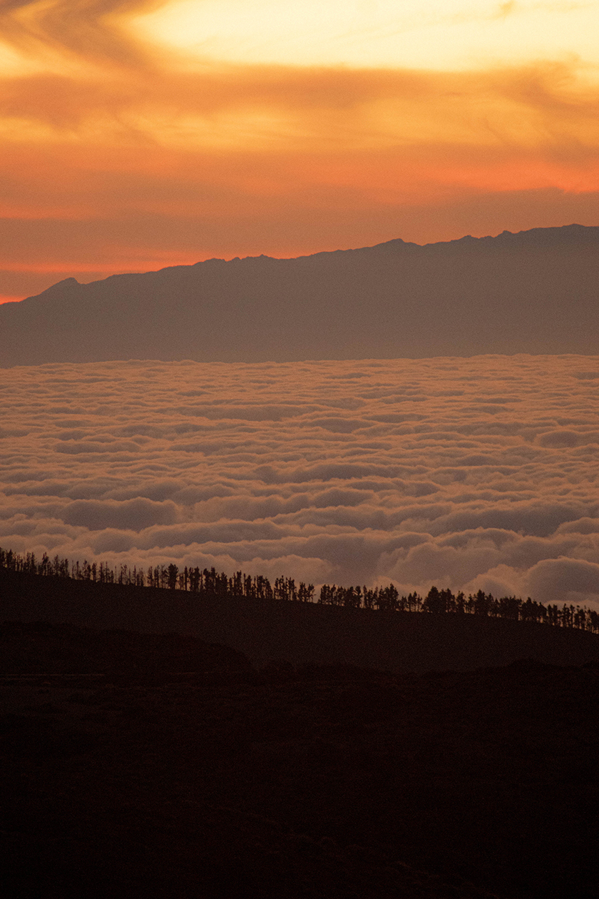 Landscape of the highest point of the mountains of Tenerife where you can reach the clouds at sunset. 