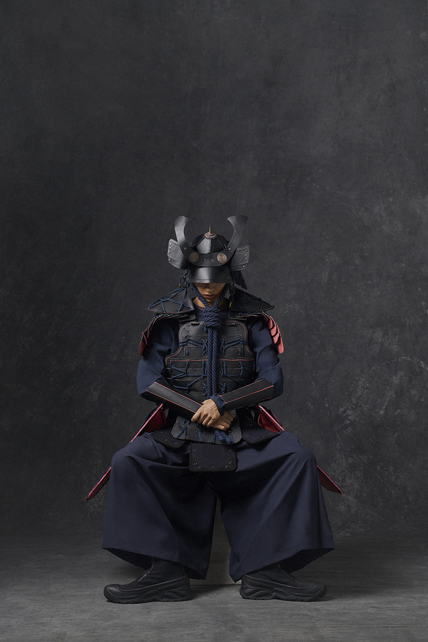 Model with a samurai costume made with Reishi Fine Mycelium from MyCoWorks. 